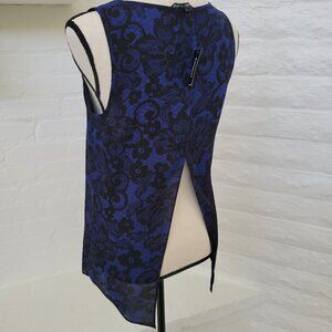 Express Tank Top Womens Small Blue Black Back Slit Navy Floral Sleeveless